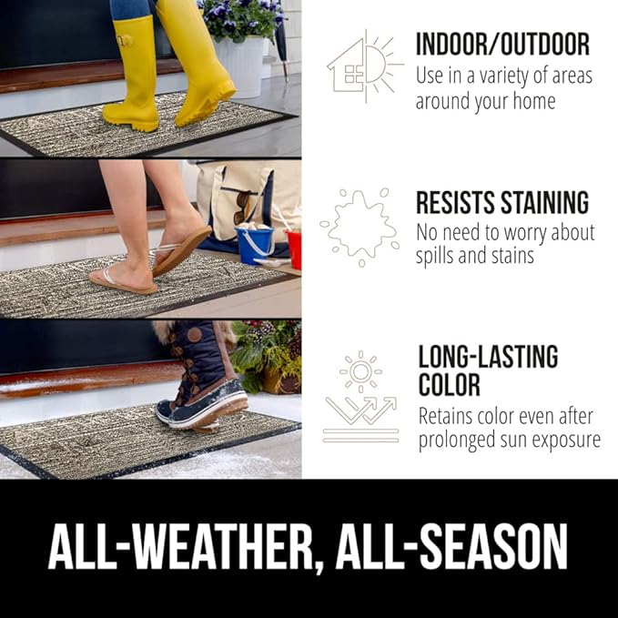 GORILLA GRIP 100% Waterproof All-Season WeatherMax Doormat, 47x35, Durable Natural Rubber, Stain and Fade Resistant, Low Profile, Indoor Outdoor Door Mats, Easy Clean Patio Entrance Mat, Sand Beach