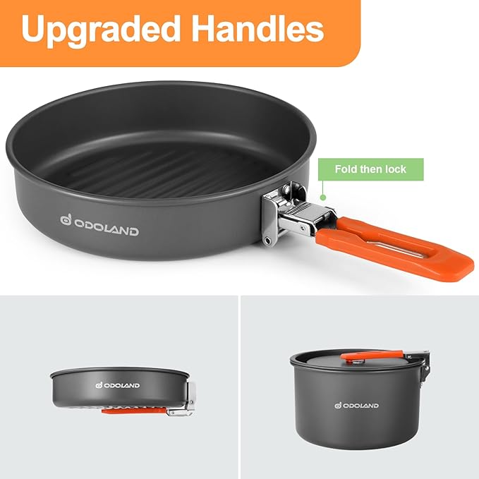 Odoland Camping Cookware Mess Kit, Camping Cooking Pot Fry Pan and 1.1L Kettle Set, Portable Camping Cookware Set with Mesh Bag for Camping, Backpacking, Outdoor Cooking and Picnic