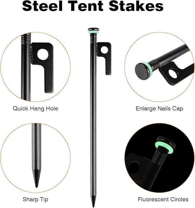 4 Pack Tent Stakes Heavy Duty Metal Tent Pegs with 10in Steel Tent Stakes+Fluorescent Silicone Rings+Special Bag for Camping Used on Rocks, Grassland (10in - 4 Pack)