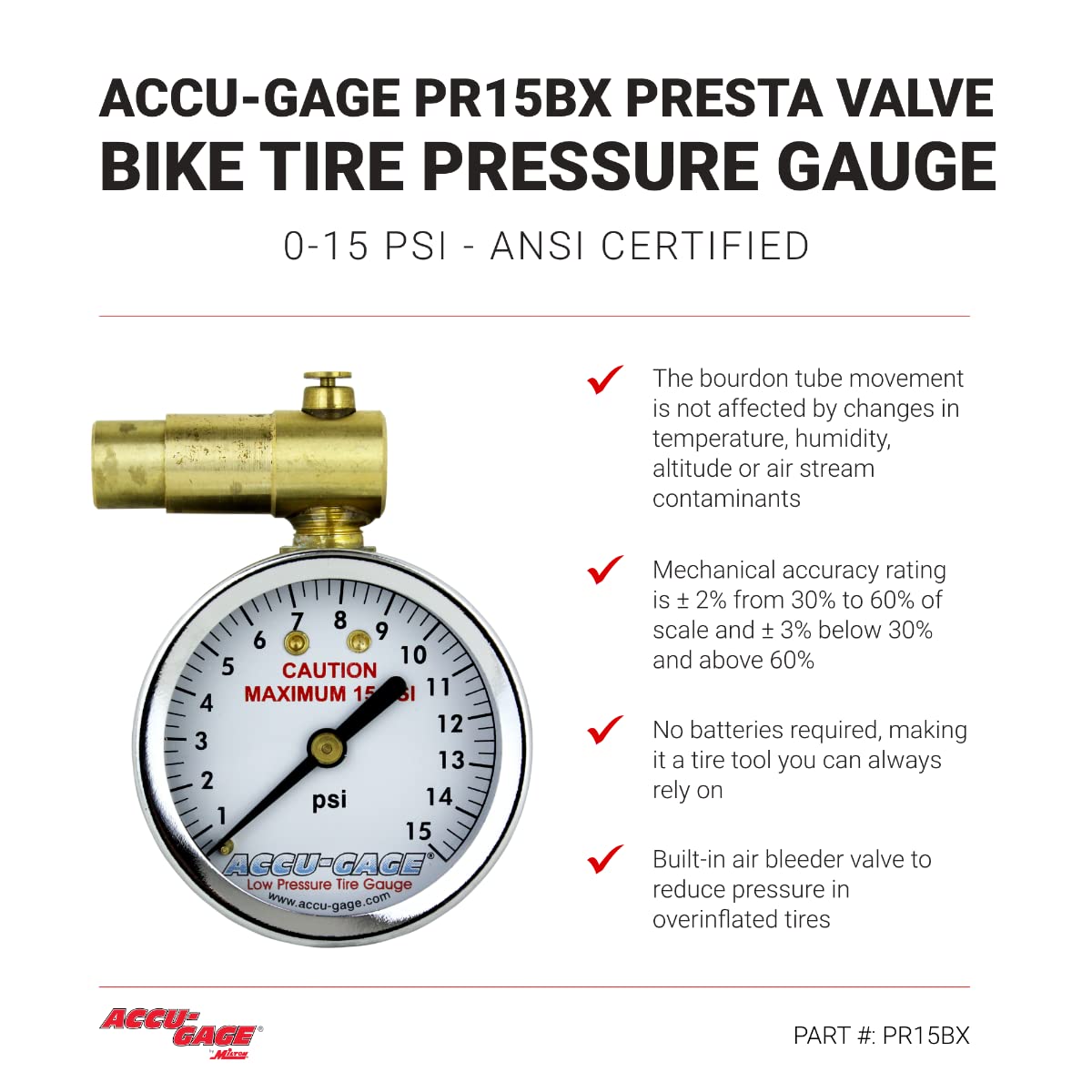 Milton Accu-Gage Presta Valve Bike Tire Pressure Gauge 0-15 PSI with Bleeder Valve
