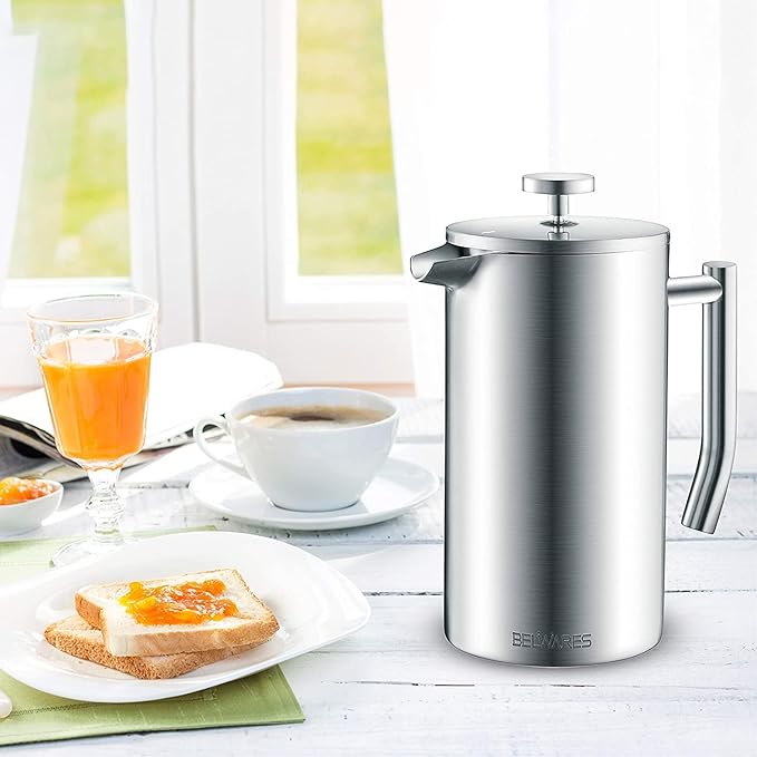 Belwares French Press Coffee Maker - 34 oz Double-Wall Insulated Coffee Press with 4-Level Filtration System, Stainless Steel 1 Liter - Perfect for Camping, Home, or Office
