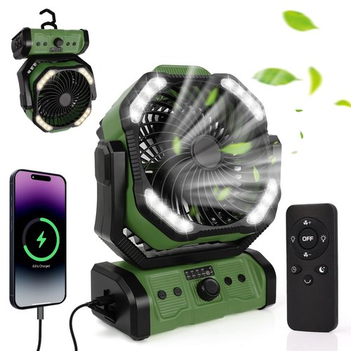ELZO 20000mAh Camping Fan with LED Light, Portable Rechargeable Desk Tent USB Fan with Remote & Hook, 270°Head Rotation, Stepless Speed, with Sleep Mode for Home Outdoor Office Travel Fishing