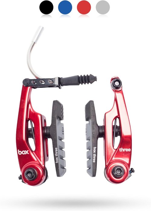 Box Three 108/85 Millimeters V Brakes with Brake Pad Adjustment, Phillips Head Tension Screw, 5mn Allen Key, and Air Flow Brake Shoes with Dual Compound Pads