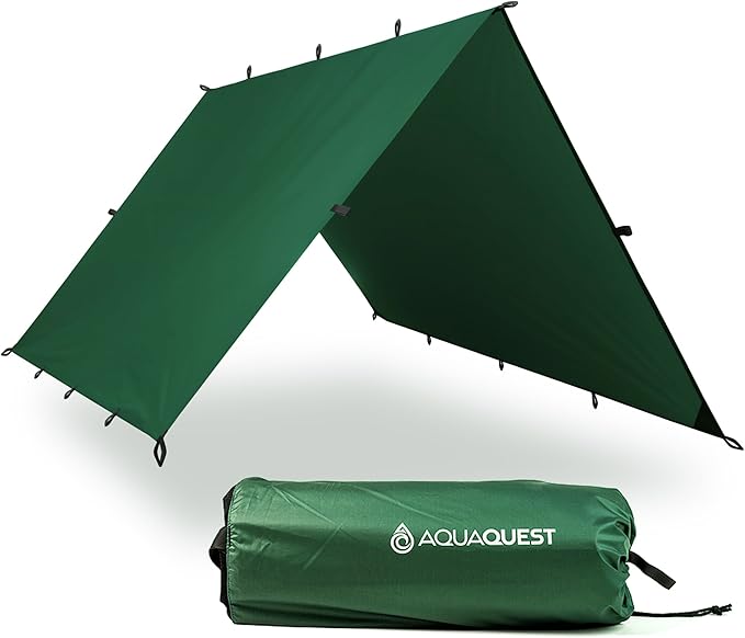 AquaQuest Defender Camping Tarp - Heavy Duty Tent Shelter or Rain Fly - Waterproof Camping Essentials for Hiking, Bushcraft & Hammock, 15 x 15 ft, Forester Green