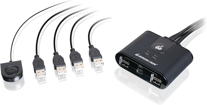 IOGEAR USB 2.0 4x4 Peripheral Switching Hub - 4 PC Share To 4 USB Devices - Up To 480Mbps - Mobile Devices Charging - Mouse/Keyboard - Printer - Scanner - EX HD & More-LED Indicators w/Remote - GUS404