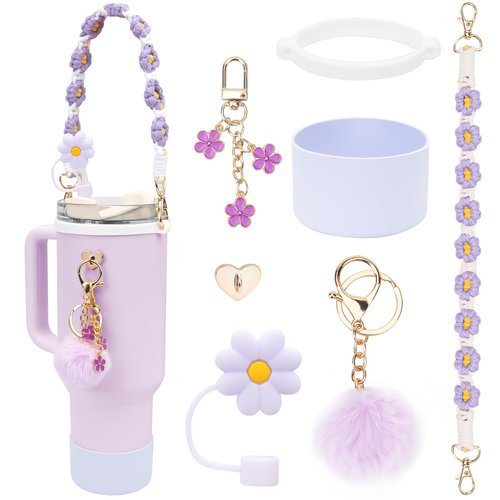 EIOAUY Cup Accessories Set for Stanley Cup 30oz 40oz Tumbler with Handle - Including Water Bottle Handle Strap, Boot, Keychain Charms, Straw Topper Cover Cap for Stanley - Purple