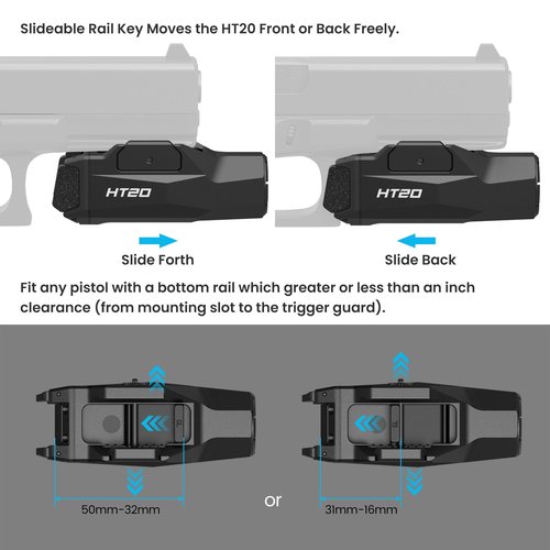 VOTATU HT20 Pistol Light, 1600 Lumens Adjustable Rail Keys Tactical Flashlight, Fits Compact & Full Size Guns with GL Style and 1913 Picatinny Rail, Rechargeable LED Light