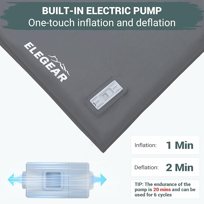 Elegear Self Inflating Sleeping Pad, Built-in Electric Pump 3.1" Ultra-Thick Memory Foam Camping Mattress Pad with Pillow Double Sleeping Pad for Camping R-Value 9.5 Foam Camp Pad for Car/Traveling