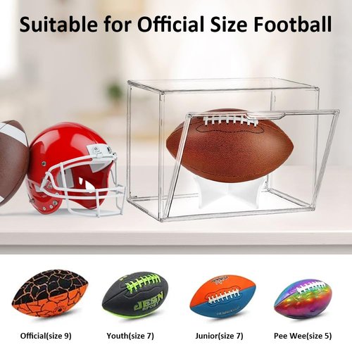 NETGOG Acrylic Football Display Case - Full Size Storage Box With Removable Built-in Stand, Clear Showcase With Magnetic Door for Memorial Sports Gloves (2 Pack)
