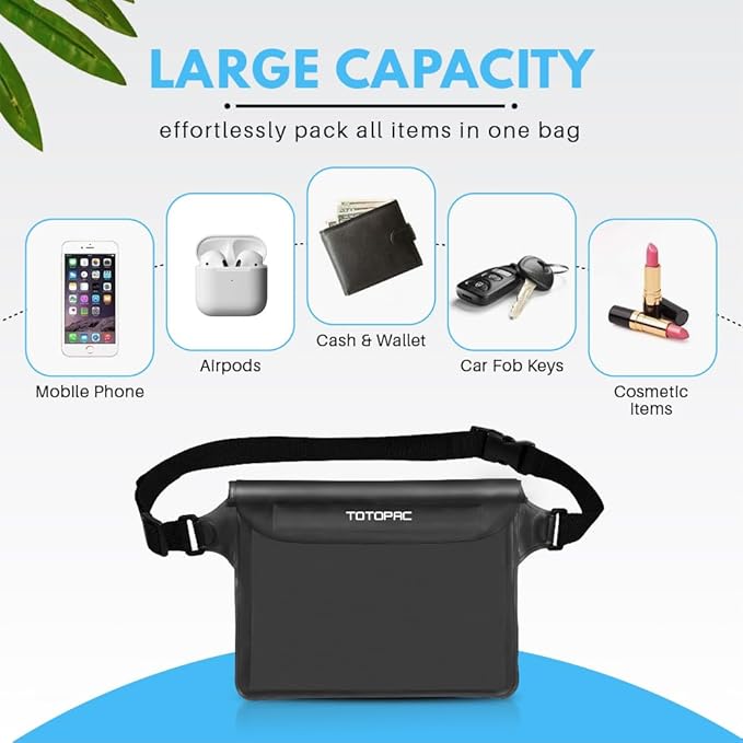 2-Pack Waterproof Fanny Pack, Phone Pouch with Waist Strap, 9x6.7 Inch Dry Bag for Phone, Cash, and Valuables – for Swimming, Kayaking, Boating, Snorkeling, and Water Sports (2, Black + White)