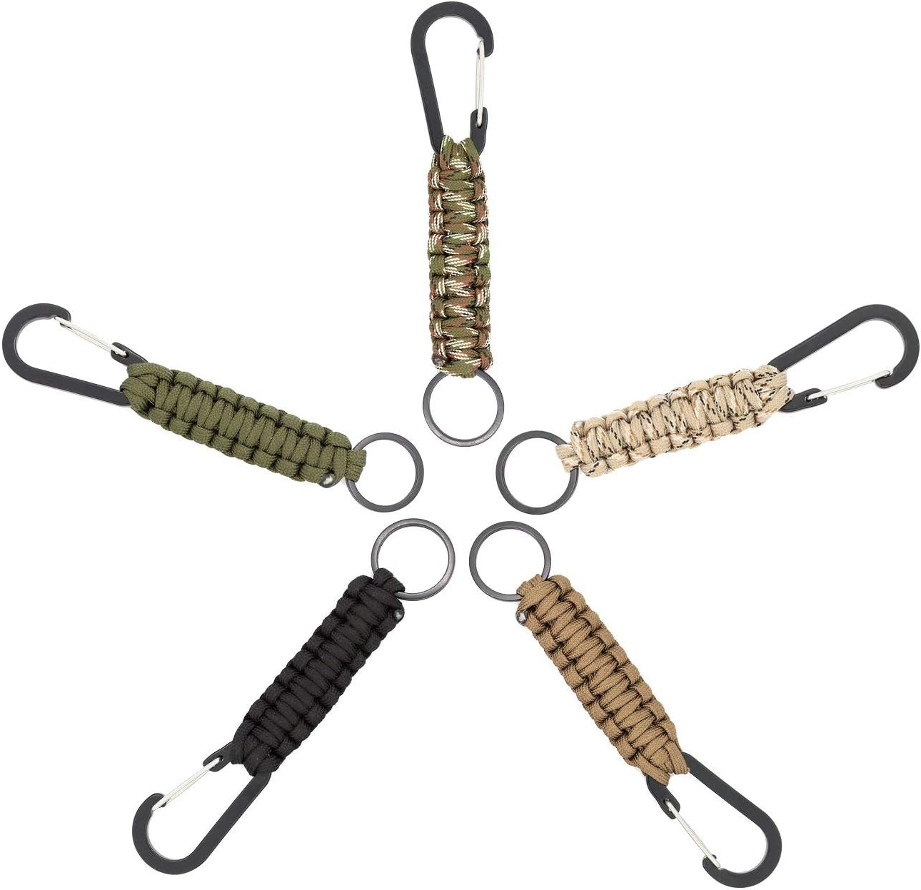 Paracord Keychain with Carabiner, Set of 5 Braided Lanyard Utility Ring Hook