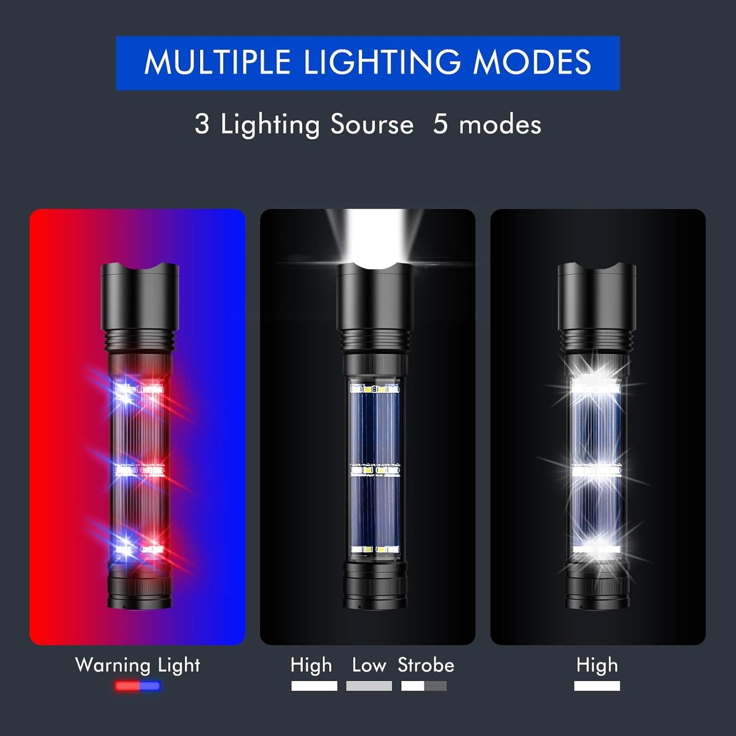 NPET T10 Car Flashlight 500 Lumens LED COB Light Solar Powered USB Rechargeable Tactical Multi-Function Torch Tool with 120dB Siren Window Breaker Seat Belt Cutter Compass for Camping