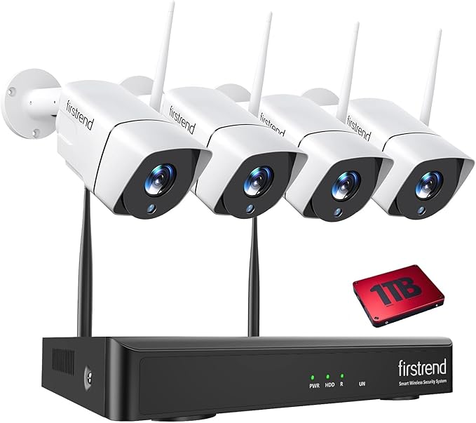 Security Camera System: firstrend Wireless Cameras for Home Security 1080P 8CH with 4 pcs 2MP Cam Full HD 1TB HDD 24/7 Recording Surveillance Night Vision Motion Alert APP CCTV