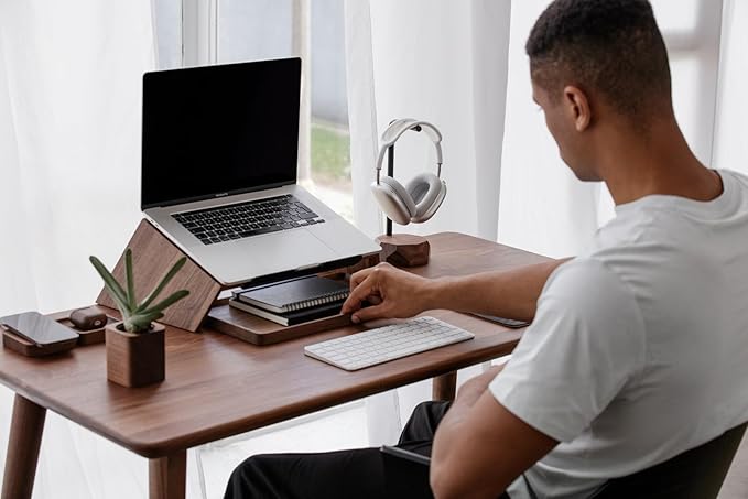Oakywood Wooden Slanted Laptop Stand - Ergonomic Riser & Holder for 13-14" Laptops - Convenient Desk Stand Wood - 45x22x14cm - Walnut