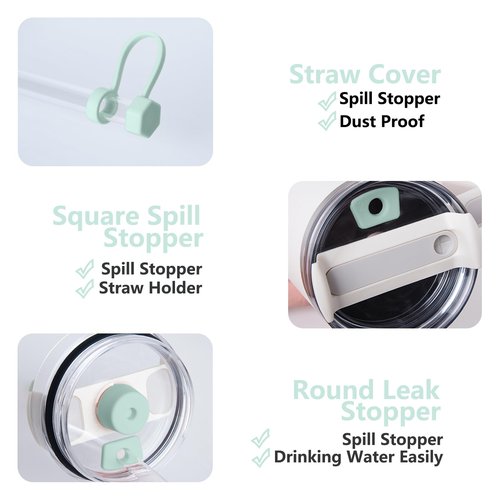Silicone Spill Stopper Set Compatible with Stanley Cup 2.0 30oz & 40oz with Straw Cover (Set of 4, Seafoam)
