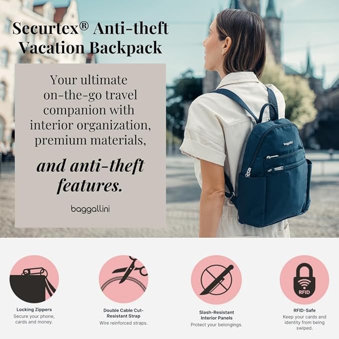 Securtex® Anti-theft Vacation Travel Backpack 10x13" Slash-Resistant Nylon Daypack w/RFID, French Navy
