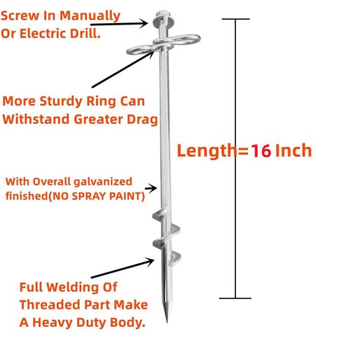 Ground Anchors Screw in - 16 Inch Set of 6 - Tent Stakes Heavy Duty Double Arbitrary Direction Galvanized Kits for Swing and Trampoline Set High Wind Solid Metal Hex Head Dog Tie Out Stake (6)