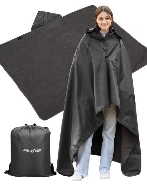 DUKUSEEK Outdoor Waterproof Stadium Blanket with Hood, Windproof Camping Blankets for Cold Weather, Sports, Yard, Soccer, Large Warm Fleece All Weather Blankets, Black 78"x56"