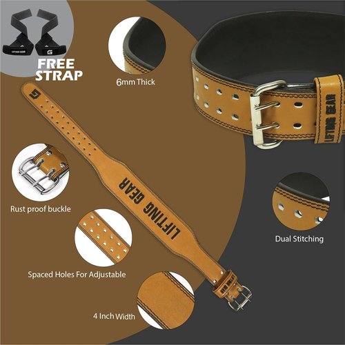 Lifting Gear Leather Weightlifting Belt - Genuine Leather 4 Inches wide Adjustable Buckle Weight Lifting Belt for Back Support, Powerlifting, Cross Training, Deadlifts, Squats Olympic Lifting (Brown, Medium)