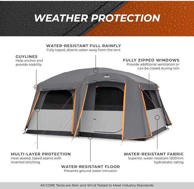 CORE Tent for Family Camping | 10 Person / 11 Person / 12 Person Large Multi Room Cabin Tents for Car Camping & Outdoor Adventures