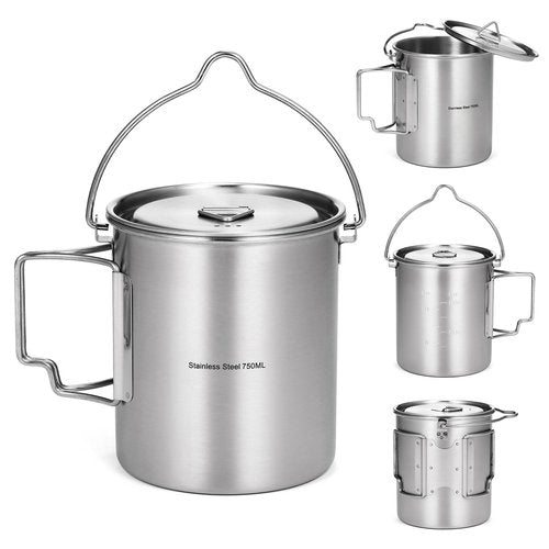 Ailgely 750ml Stainless Steel Cup with Gradation Marks, Foldable Handle, Lid, and Mesh Bag for Camping, Hiking, Picnic (750ml hanging pot)