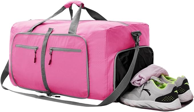 Dimayar Travel Duffle Bag for Men Women - Foldable Duffel Bag with Shoes Compartment - Overnight Bags Waterproof & Tear Resistant(65L,Pink)