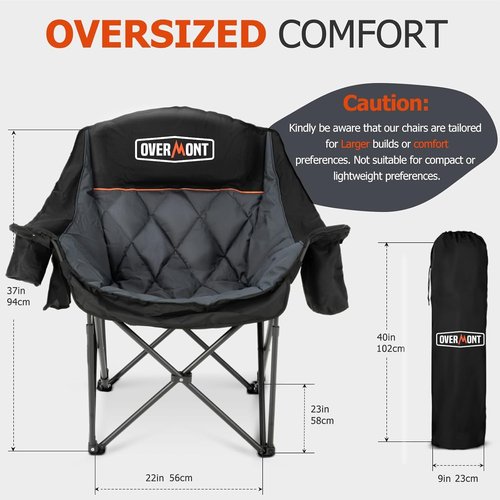 Overmont Oversized XL Camping Chair for Adults - 400lbs Support Heavy-Duty Padded Folding Chair with Side Pocket Cup Holder Cooling Bag for Outdoor Sports Garden Beach Fishing Lawn Black
