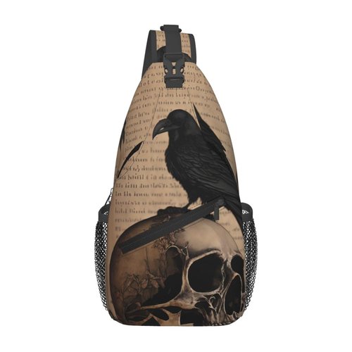 PVTIONXIE Edgar Allan Poe The Raven Skull Crossbody Chest Bags for Women, Small Crossbody Shoulder Bag Sling Bag Travel Hiking Daypack