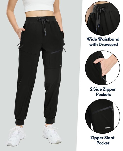 Haimont Women's Hiking Cargo Joggers Quick Dry Lightweight Stretch Travel Outdoor Pants with Zip Pockets, Black, S