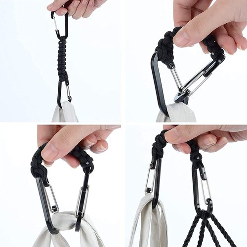 Paracord Keychain Carabiner with Double Hooks Hanger Stroller Hook for Camping, Water Bottle, Key, Backpacks, Outdoor Sport(Black)