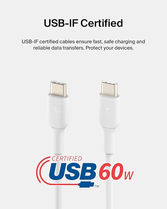 Belkin USB-C to USB-C Fast Charging Cable (2M/6.6ft) for iPhone 16, iPhone 16 Pro, iPhone 16 Pro Max, Galaxy S25, S24, Note, Pixel, iPad Pro, Nintendo Switch 2, Carplay & More - White