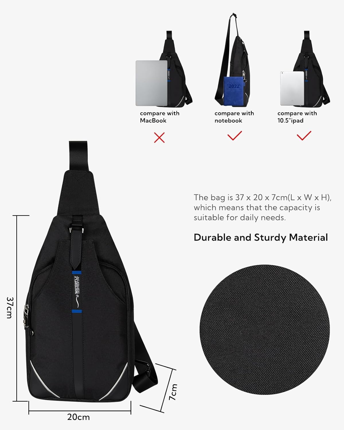 WATERFLY Small Crossbody Sling Backpack Anti Theft Backpack for Traveling Chest Bags for Men&Women Multipurpose Casual Daypack Hiking Shoulder Bag (Black)