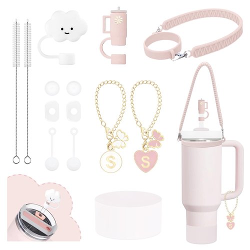 10Pcs Stanley Cup Accessories 9-10mm Stanley Straw Cover Topper Silicone Boot For Stanley Cup Initial Letter Charm Leak Proof Seal Kit Stanley 2.0 30&40oz (Rose Quartz,S)