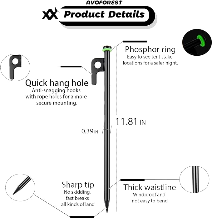 12Inch Heavy Duty Tent Stakes,20 PCS Tent Pegs Metal+Fluorescent Silicone Rings+ Storage Bag for Camping (20pcs)