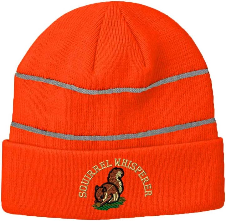 Reflective Beanie for Men & Women Squirrel Whisperer Embroidery Acrylic High Visibility Running Gear Skull Cap Neon Orange 1 Size