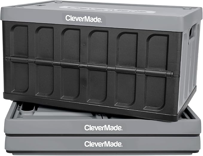 CleverMade Collapsible Storage Bins with Lids - Stone 3 Pack 62L - Plastic Containers Stackable Organization Crates Home Closet Space-Saving Durable