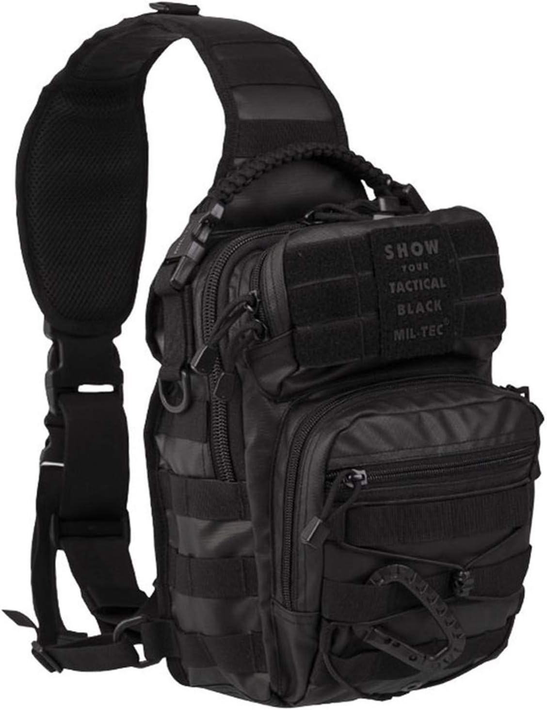 Mil-Tec One Strap Assault Pack Small - Tactical Rugged Durable Ergonomic Versatile Sling Backpack with MOLLE Loops, Black, 10Liters