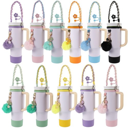 AAUP Cup Accessories Set, Includes Water Bottle Holder,Straw Cover,Silicone Boot,Pompom Ball,Daisy key-chain, Compatible with Stanley Cup16oz 24oz and 40oz (Flower pink)