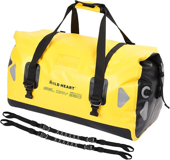 WILD HEART Waterproof Motorcycle Duffel Bag PVC500D Double-bottom With Rope Straps and Inner Pocket 40L 66L 100L for Kayaking, Camping, Boating,Motorcycle