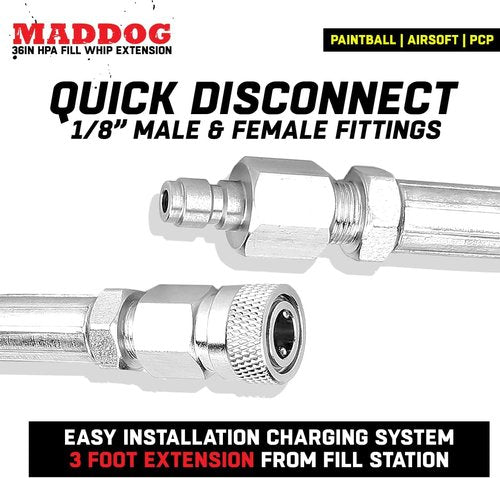 Maddog Paintball Airsoft Fill Whip Hose Extension 4500 Psi PCP - 36 inch Stainless Steel Charging System