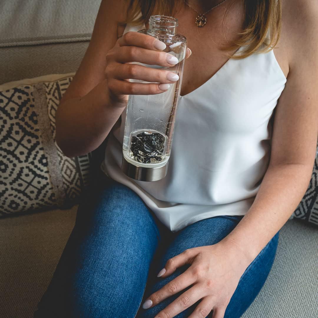 VitaJuwel ViA LUNA | Crystal Water Bottle with Rainbow Moonstone and Clear Quartz for Intuition, Empathy, Femininity