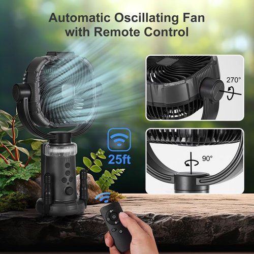 Odoland 20000mAh Camping Fan with Lantern, 360° Oscillation Rechargeable Battery Operated Outdoor Power Fan with Remote, Hook ＆ RGB Light for Camp, Family Travel and Jobsite, Black