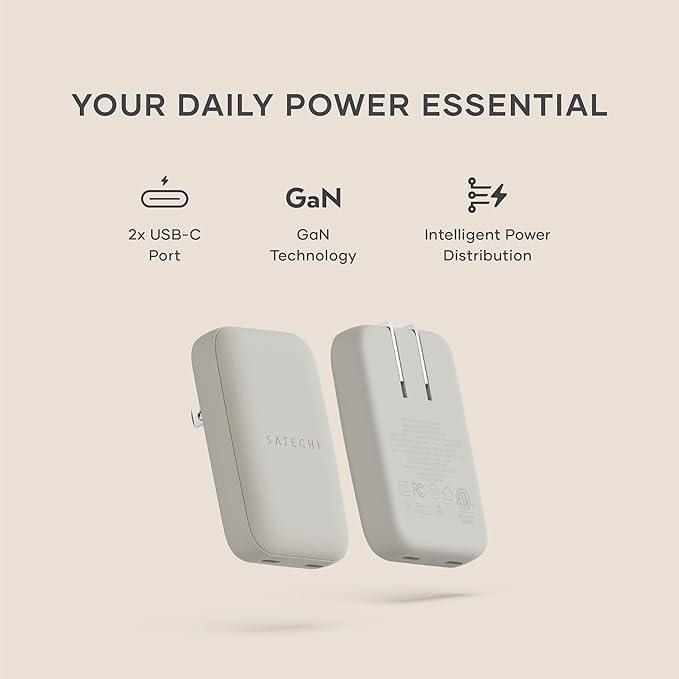 Satechi OntheGo 67W Wall Charger, GaN USB C Travel Charger with 2 USB-C PD Fast Charging Ports, for MacBook Pro/Air, iPad Pro/Air, iPhone 16, Steam Deck, Galaxy, Windows – Sand
