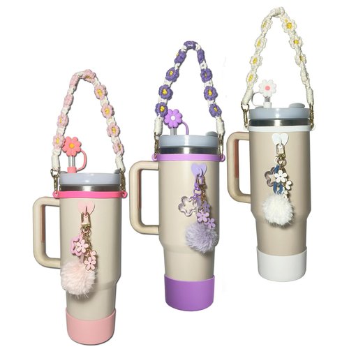 Stanley Cup Accessories Bundle: Water Bottle Handle, Silicone Straw and Boot Cover, 2 Stanley Charms for 40oz & 30oz Tumbler (White)