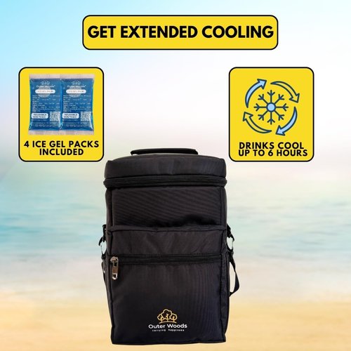 Outer Woods Insulated 4 Bottle Cooler Bag | 6+ Hours Cooling | Beverage Cooler Bag | 4 Units of Ice Gel Packs Included (Black)