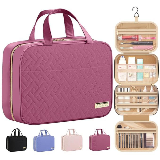 HOTOR Travel Toiletry Bag w/Hanging Hook - Spacious Toiletry Bag Essentials for Women & Men, Makeup Bag/Big Comparment, Waterproof for Travel Accessories, Medium, Rosewood-Pink