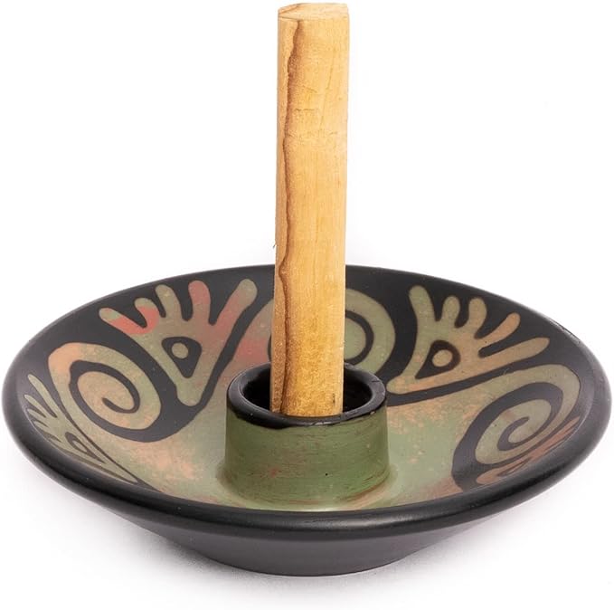 Luna Sundara Authentic Peru Pottery Palo Santo Stick Holder and Incense Holder Includes 5 Palo Santo Sticks Handmade Ceramic Smudge Bowl Sage Holder Palo Santo Holder (Green)