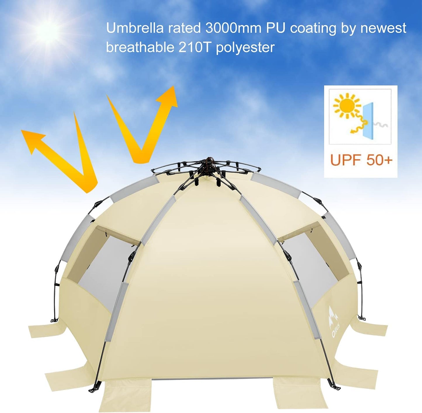 Oileus X-Large 4 Person Beach Tent Sun Shelter - Portable Sun Shade Instant Tent for Beach with Carrying Bag, Stakes, 6 Sand Pockets, Anti UV for Fishing Hiking Camping, Waterproof Windproof, Orange
