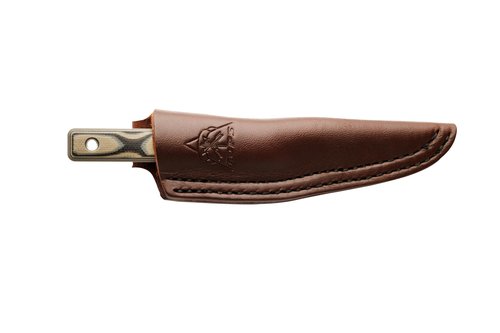 Tops Knives Wood Nymph Full Tang Fixed Blade- Tumble Finish- Brown Leather Sheath w Belt Loop (Tan/Black G10 Handle)
