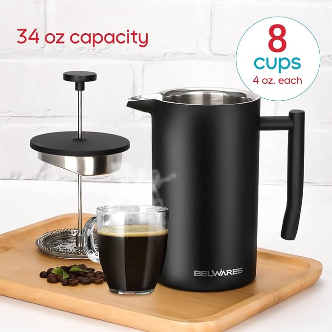 French Press Coffee Maker 34 Oz - Insulated Coffee Press Stainless Steel 304 - Double Wall & 4 Level Filtration System (1 Liter) - Black